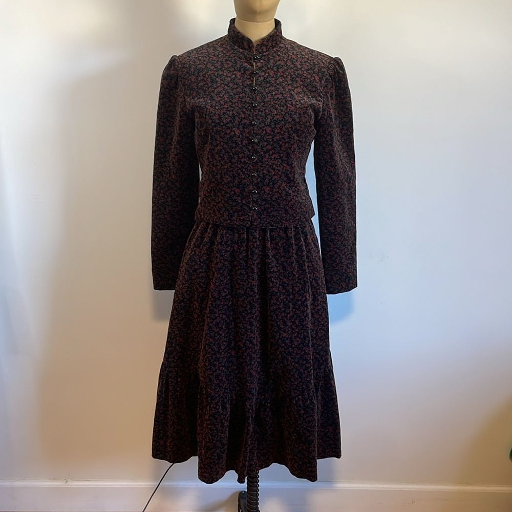 VTG Lanz Velvet Skirt Set Black Micro Floral Jacket Cottage Grandma Feminine - Picture 2 of 16